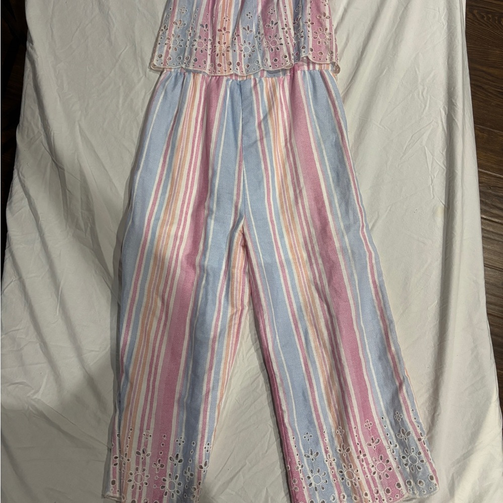 Girls’ Rare Editions Pink and Blue Striped Jumpsuit